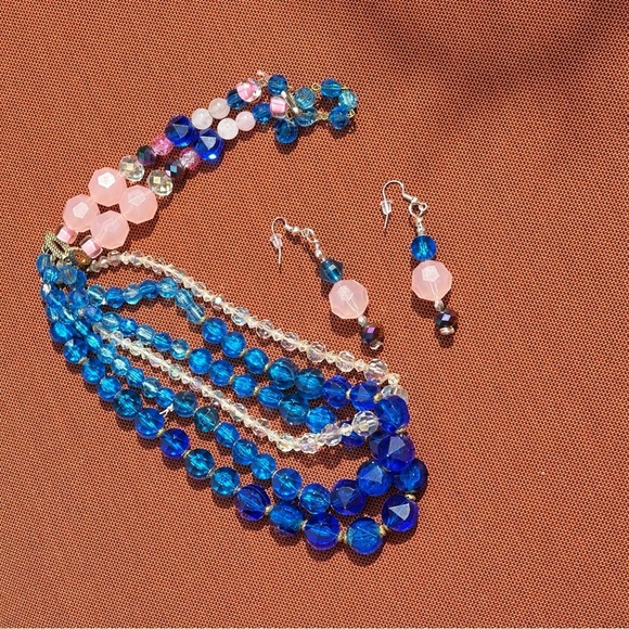 W. Germany VTG Blue Beads OOAK Assemblage Art Necklace Set Repurposed Handmade - Picture 7 of 12